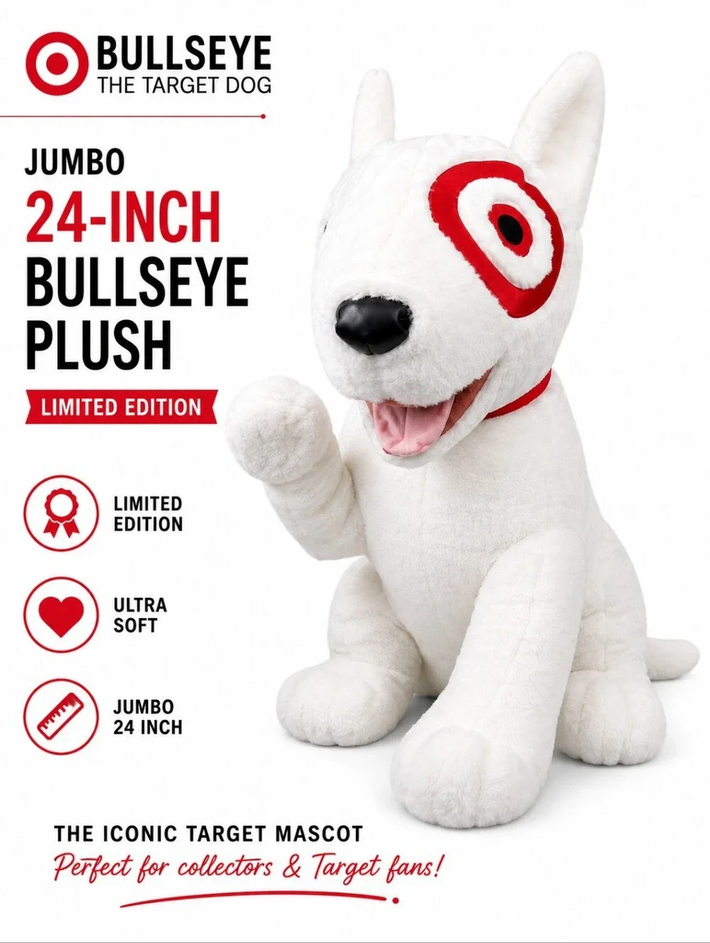 Target Bullseye Dog Jumbo 24” Plush Limited Edition White Red Mascot